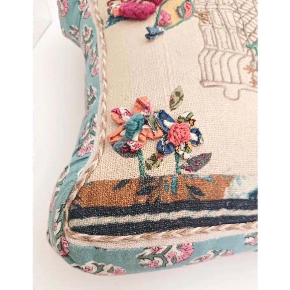 Milli Home Embroidered Birdhouse Accent Pillow Cottage Core Yarn Flowers Shaped